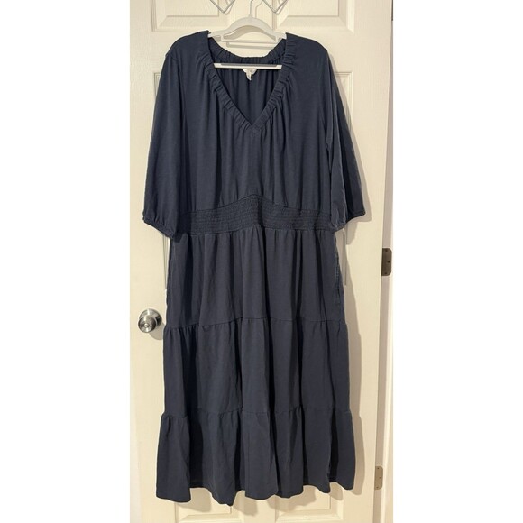 Terra & Sky Knit Peasant Maxi Dress Plus Size 4X Pockets Stretch Dark Blue Navy - Picture 1 of 5
